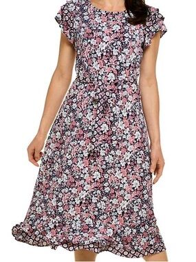 🌼Perceptions Short Sleeve Belted Floral Midi Dress-Navy Coral